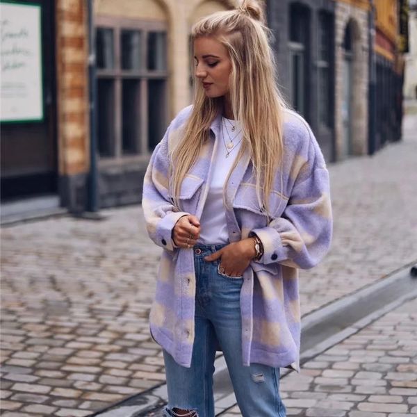 

women new spring fashion purple plaid za jacket vintage girl single breasted loose long jackets women casual streetwear 201017, Black;brown
