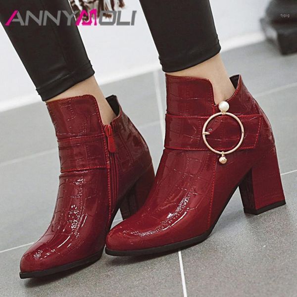 

boots annymoli pearl buckle woman round toe high heel ankle chunky shoes zip female short winter white red 461, Black