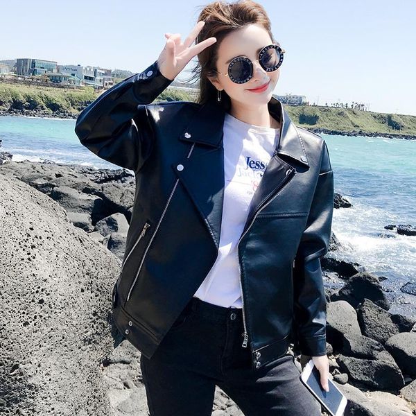 

new 2019 autumn winter loose fit faux leather jacket women turn down collar leather coat outerwear1, Black