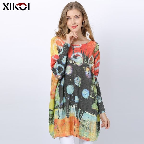 

xikoi winter wool oversized sweaters for women pullovers dress fashion patchwork knit circles print jumper loose warm pull femme y200910, White;black