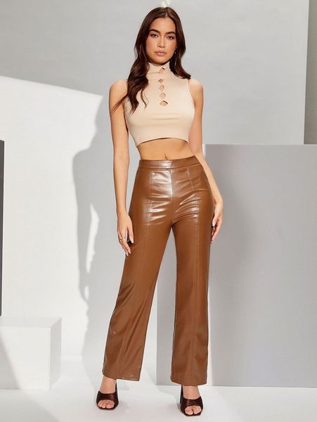 

high waist straight leg pu leather pants m7f9#, Black;white