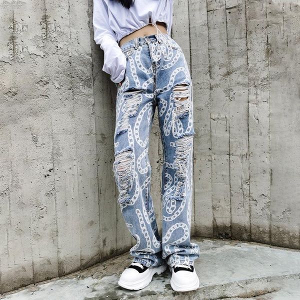 

women's jeans autumn light blue chain print women denim pant straight high waist ripped washed female pants streetwear casual ladies bo
