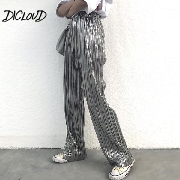 

fashion bronzing silver pants women 2018 high waist pleated trousers female harajuku stretch summer wide leg pants clothes1, Black;white