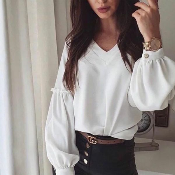 

2021 new lantern sleeve blouse women spring white v neck casual office female solid color comfy chic pullover m3wj