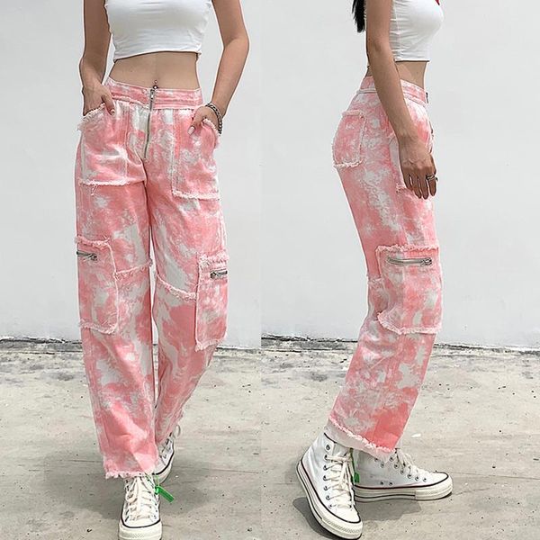 

women's pants winter autumn high stree high waist loose pocket zipper straight pants tie-dye women jeans large femmes c50, Black;white