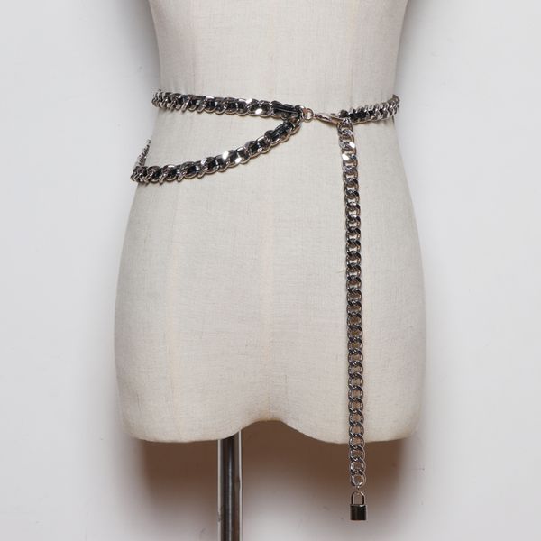 

2020 new style european and american fashion gold chain belt dress belt designer patchwork pu punk sivler belts waistband t200427, Black;brown