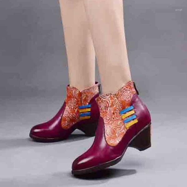 

boots retro style cow full grain natural leather ankle shoes women footwear flowers round toes riding for winter 191, Black