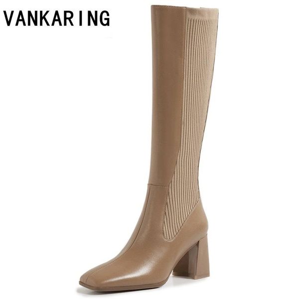 

autumn winter boots women cow leather knee high boots women shoes black apricot slim warm shoes woman elastic botas altas mujer