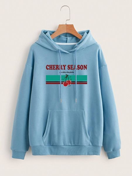

slogan and cherry print drawstring drop shoulder pocket detail hoodie 96zy#, White;black