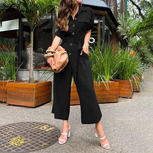 

elegant women jumpsuits celmia fashion short sleeve cargo overalls summer wide leg rompers pockets buttons belt long playsuit1, Black;white