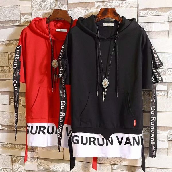 

1qtzg men's short-sleeved summer fashion ribbon hop t-shirt scarf headscarf fake hip hooded national fashion loose two-piece handsome t, Blue