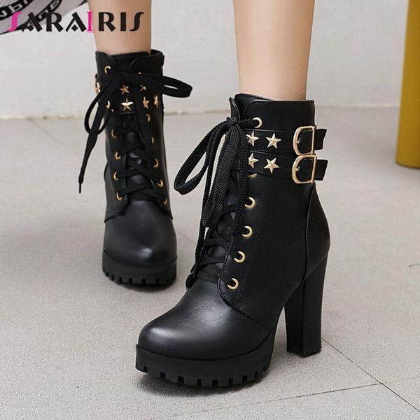 

sarairis big size 34-43 female 2020 metal decoration boots ankle boots women platform round toe square high heels shoes woman, Black