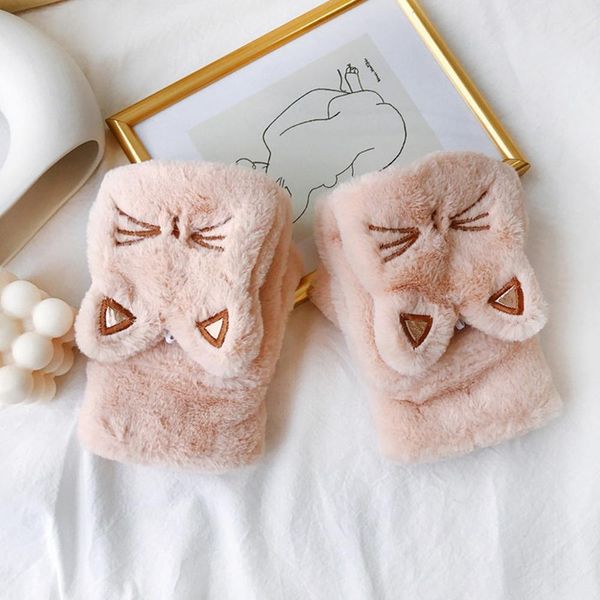 

winter girls mittens push fur full finger women lovely thermal flip over thicken cat plush gloves black white, Blue;gray
