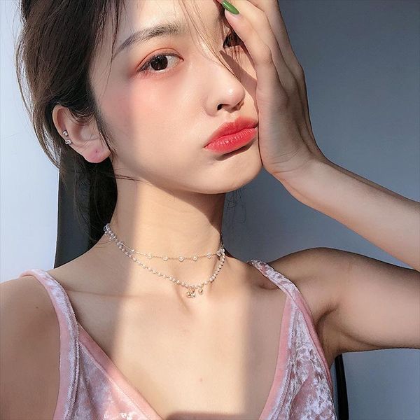 

2020 kpop мода двухслойных цепей pearl choker ожерелье cute romantic воротник ювелирных изделий женщины кристалл ожерелье девушка, Golden;silver