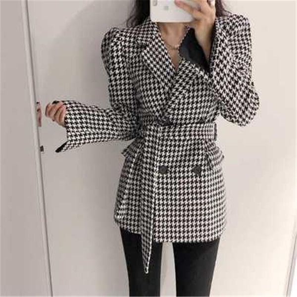 

women's suits & blazers 2021 autumn winter retro classic pattern belt women suit coat double breasted pockets female jackets windproof, White;black