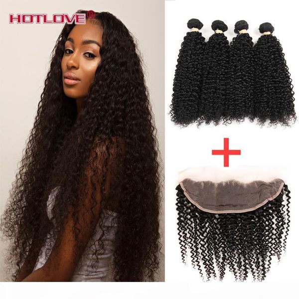 

ove hair peruvian kinky curly pre plucked lace frontal closure with bundle 4 bundles human hair with frontal closure ear to ear, Black;brown