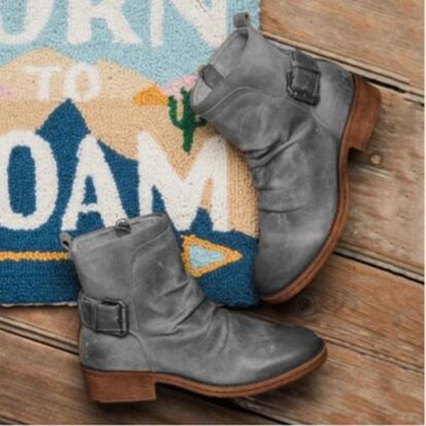 

women ankle boots chaussure mid heels vintage pu leather booties plus size autumn matin shoes woman zapatos mujer sapato d1937, Black