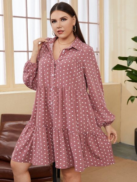 

plus polka dot print lantern sleeve ruffle hem smock dress 77qv#, Black