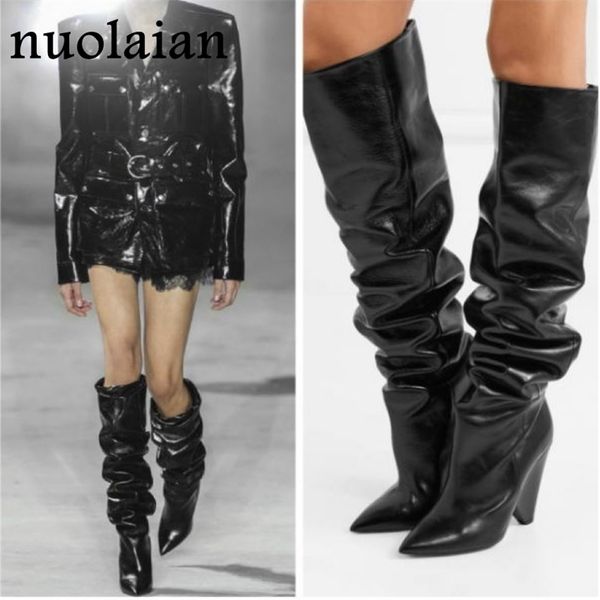 

black leather thigh high boots women 9cm high heel over the knee boots woman motorcycle boot snow winter boots with fur shoe t200425