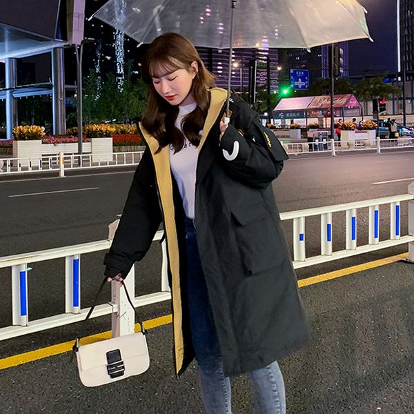 

2021 newx-long women's winter coat collar plus size hooded jacket women big pockets thicken h84g, Black