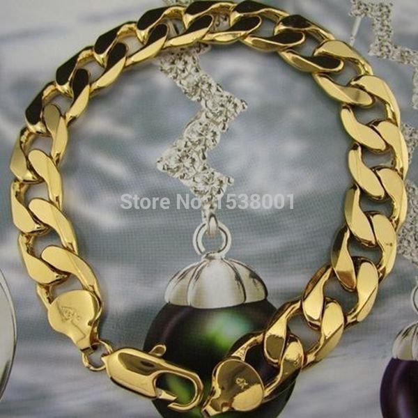 Mens Bracelet Wrist Chain Link 18k Yellow Gold Filled Curb Sólidos Bracelet Mens clássico jóias presente acessórios 8,6 polegadas