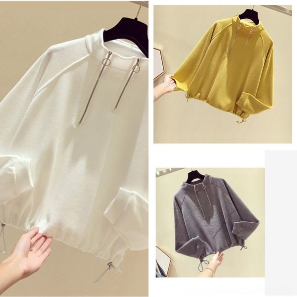 

g0euf half zipper stand sweater 2019 new autumn pullover women's ins early sweater loose short collar pullover drawstring waist fashion, Black