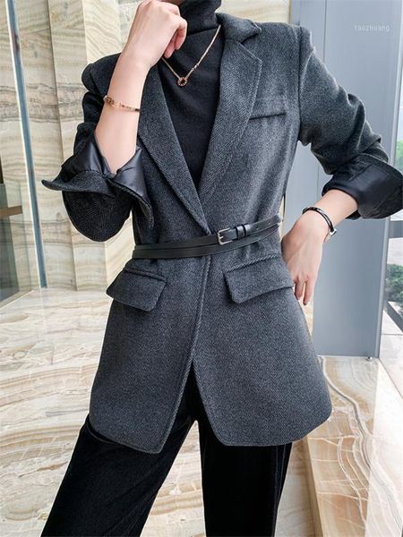

herringbone woolen blazer mujer 2020 spring autumn new korean single buckle long sleeve thickened woolen lady suit jacket f28061, White;black