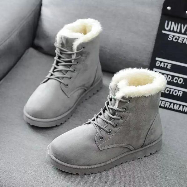

classic women winter warm snow boots faux suede ankle boots for female lace-up flat heel plush shoes woman solid booties al59965, Black