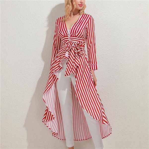 

women swallow tail shirt fashion striped high waist v neck asymmetrical hem autumn casual blouse long sleeve ladies shirts1, White
