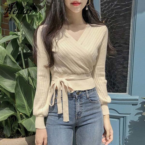 

heliar women sweater deep v-neck tied up winter knitting sweater knitted blouse and pullovers long sleeve loose sweater lj200818, White;black