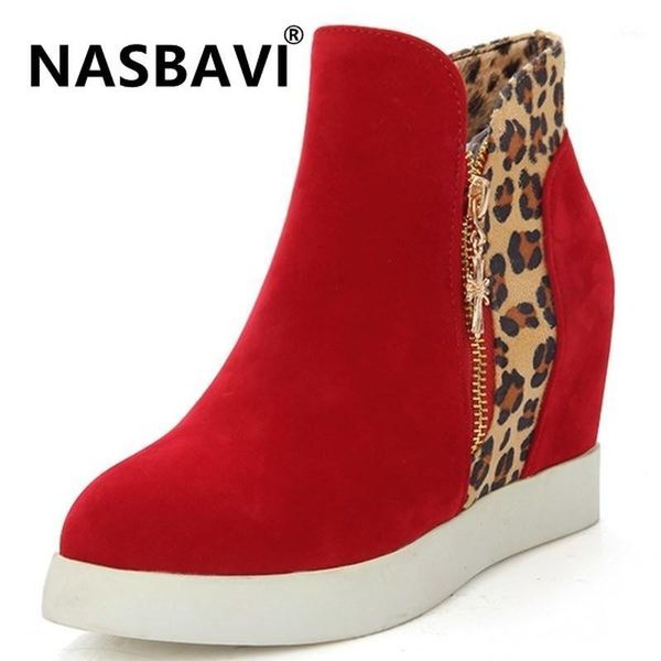 

2020 new leopard platform booties women 2020 autumn winter fashion women round head wedges ankle boots shoes woman 34-431, Black