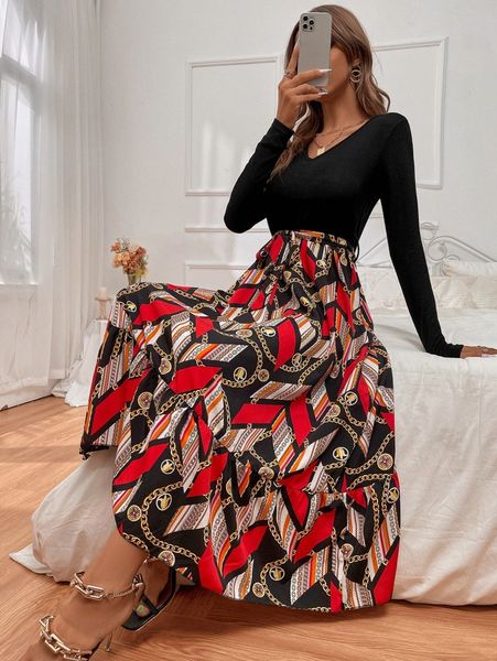 

geo & chain print belted 2 in 1 dress r609#, Black;gray