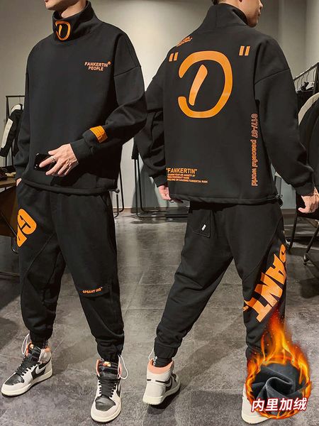 

men's plush thickened high collar sweater 2020 new coat youth autumn winter leisure sports suit, Black