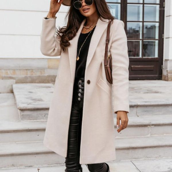 

turn-down collar faux wool coat for women solid color wool autumn winter overcoat female outwear briefness coat1, Black