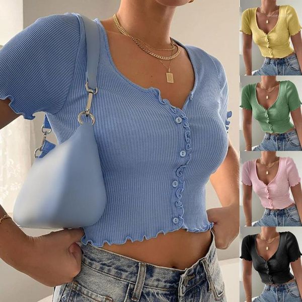 

women's t-shirt fashion women's solid color v-neck ribbed short-sleeve button short shirt1, White