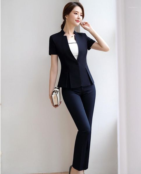 

2020 summer short sleeve women business suits with pants and uniform styles office ladies blazers suits pants1, White
