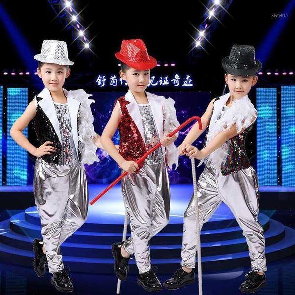 

boys girls pants vest children sequins modern jazz dance outfits ballroom hip hop dancing suits kids wear costumes clothes1, Black;red