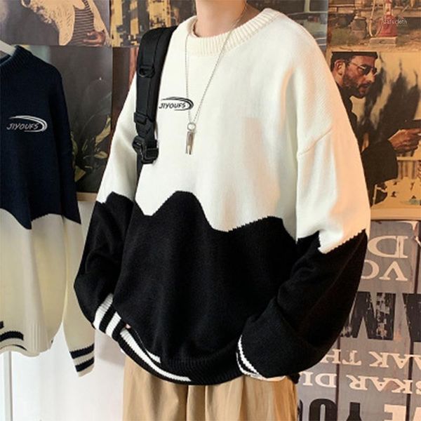 

2020 autumn winter new sweater men casual o-neck thicken sweaters loose patchwork streetwear knitwear pullovers1, White;black