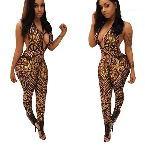 

wholesale- women sxey gold sequins backless sparkling jumpsuits v neck romper new arrivals mujer cocktail party party night club1, Black;white