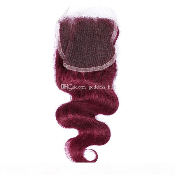 

burgundy lace frontal closure 4*4 unprocessed body wave human hair 99j wine red lace closure with baby hair middle part, Black;brown