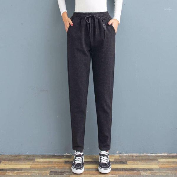 

2020 new women casual plaid high waist pants drawstring elastic sweatpants straight women's ladies pocket black trousers1, Black;white
