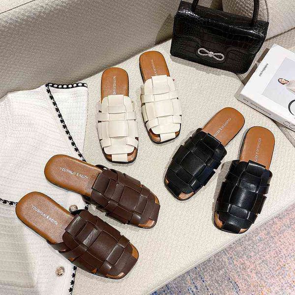 

sandels fahion women sandal new summer flat woven sandal thick sole pu leather slipper buckle strap 220303, Black