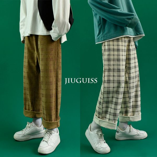 

cotton corduroy pants men's fashion retro casual plaid pants men streetwear loose hip-hop straight wide legs trousers mens s-2xl, Black