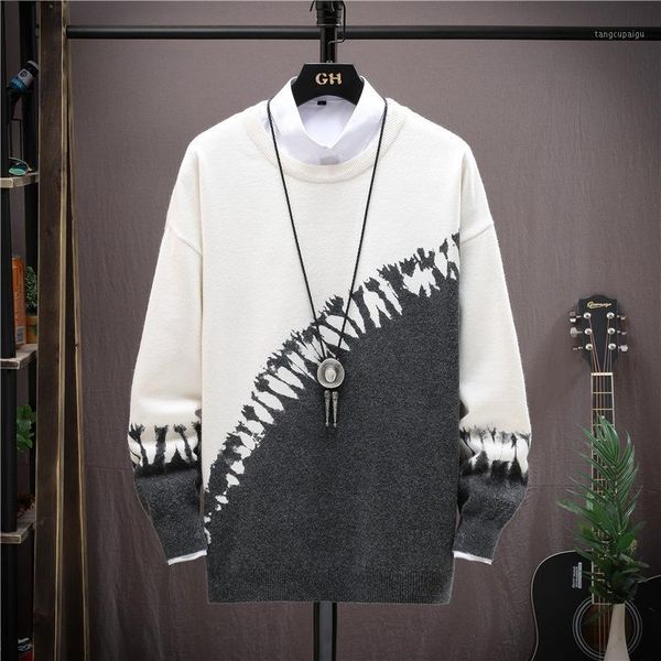 

2020 men's autumn new pullover loose fashion casual long-sleeved sweater youth dual-color patchwork casual sweater1, White;black