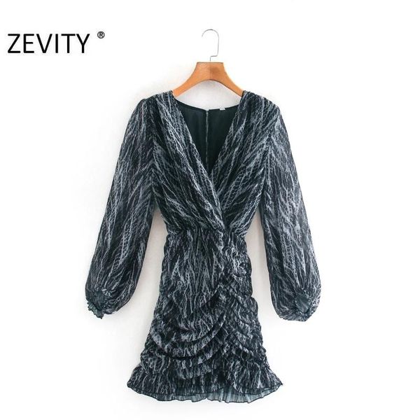 

casual dresses zevity women vintage snake skin print ruffles pleated dress chic office ladies cross v neck slim vestido ds4500, Black;gray