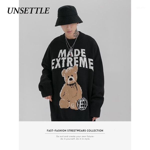 

2020 autumn/winter vintage men sweater bear cute women harajuku hip hop streetwear pullover oversized fashion casual male 1, White;black
