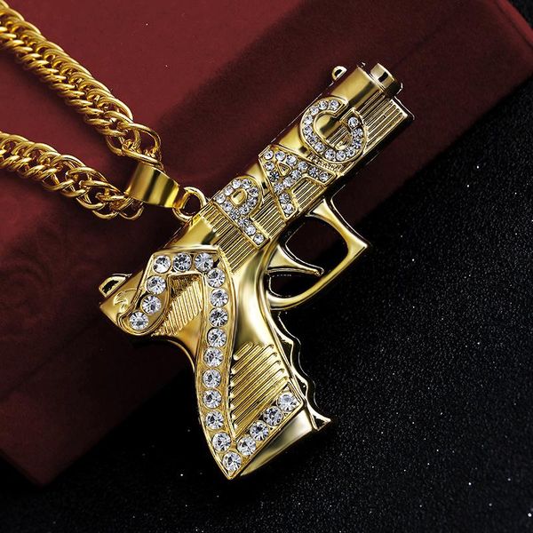

hip hop iced out pendant necklace jewelry gold chain gun shape pistol pendant necklace for men, Silver