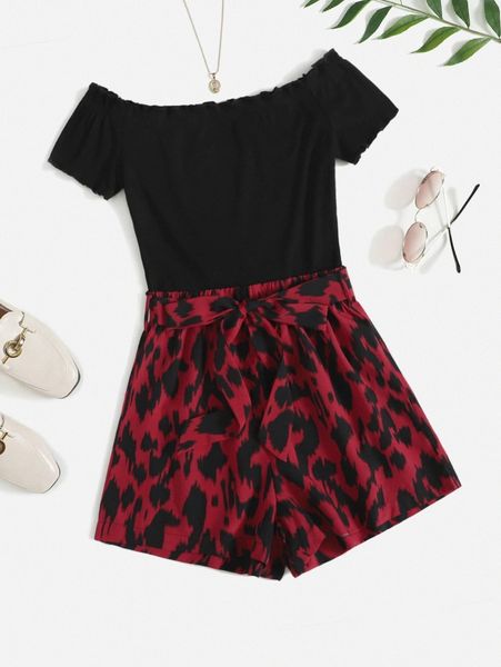 

off shoulder graphic colorblock belted romper 32yq#, White