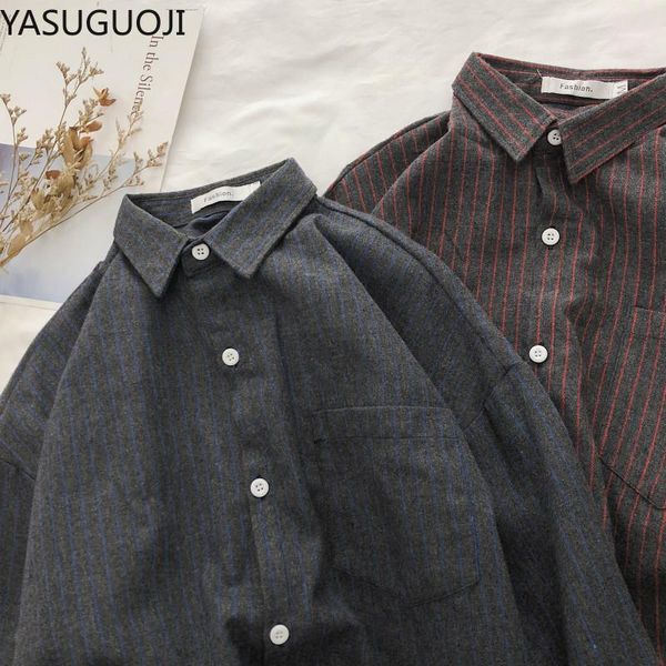 

men's casual shirts yasuguoji flannel striped shirt men japanese vintage long sleeve streetwear fashions spring autumn harajuku shirts1, White;black