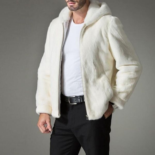 Nuovo arrivo Top Quality Mens White Faux Fur Hooded Zip Coat Uomo Fur Hooded Jacket Warm Outwear gentleman Cappotti Plus Size S-4XL
